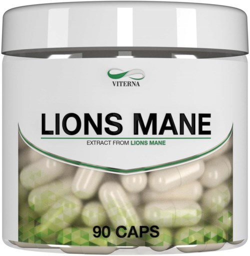 Flaske med 90 kapsler merket 'Lions Mane' for hjernehelse, utvunnet fra løvemanke sopp, med tydelig emballasje.
