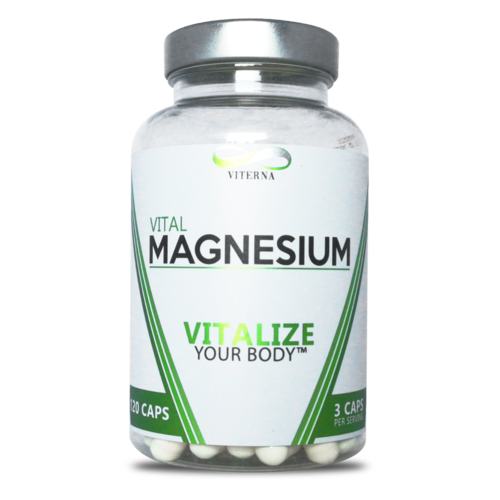 En kosttilskuddsflaske merket 'VITAL MAGNESIUM' med grønn og svart tekst, inneholder 120 kapsler.