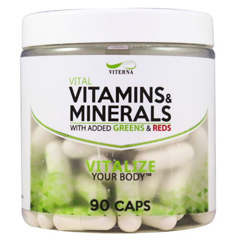 Container of 90 white capsules labeled for vitamins and minerals with greens and reds, promoting health and wellness.