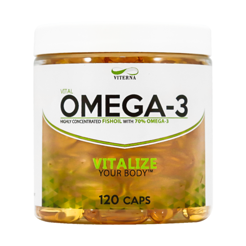 Viterna Omega-3 tillskott i en vit burk. Innehåller 120 kapslar, märkt som fiskolja med 70% omega-3. Grön och svart text.