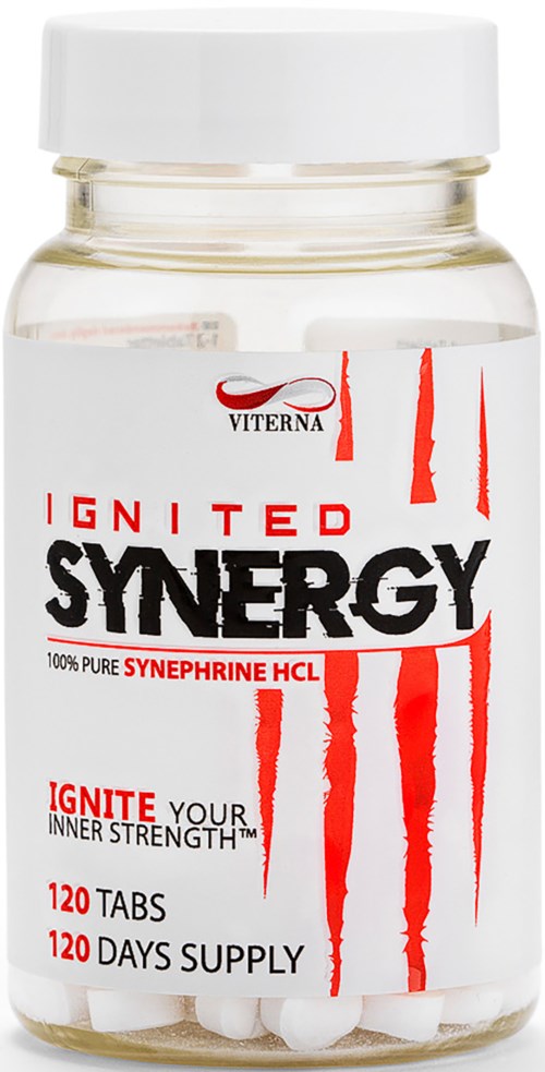 Pullo nimeltä "Ignited Synergy" punaisella ja mustalla tekstillä, sisältää 120 tablettia 120 päiväksi, valkoinen kansi.