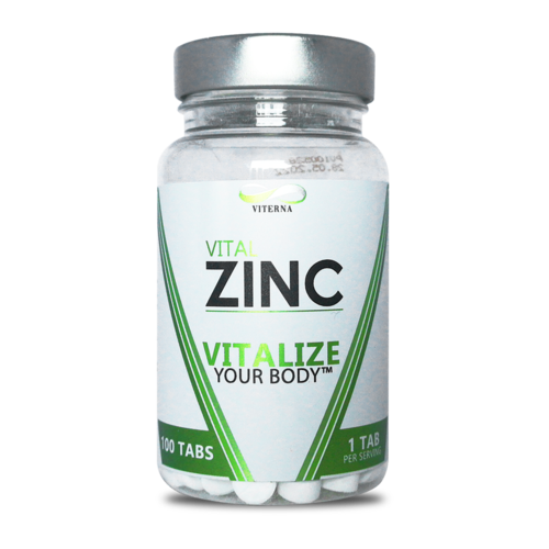 En flaska märkt 'Vital Zinc' innehåller 100 tabletter, främjar hälsa med sloganen 'Vitalize Your Body.'