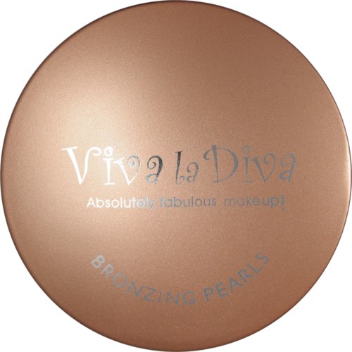 En rund makeup-kompakt märkt 'Viva La Diva' med texten 'BRONZING PEARLS' och beskrivningen 'Absolutely fabulous makeup!'.