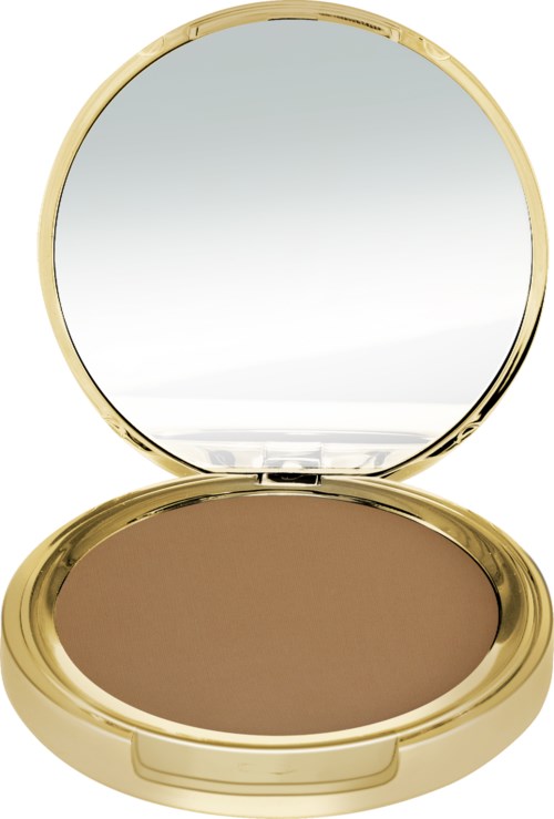 A round compact with a mirror inside, containing brown pressed powder, likely makeup.