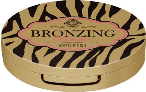 A round makeup compact with a zebra pattern, labeled 'BRONZING'. It says 'Matte Finish' underneath.
