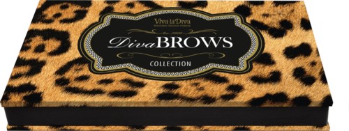Eine Schachtel mit Leo-Print und einem Aufkleber, der 'Diva Brows Collection' sagt.
