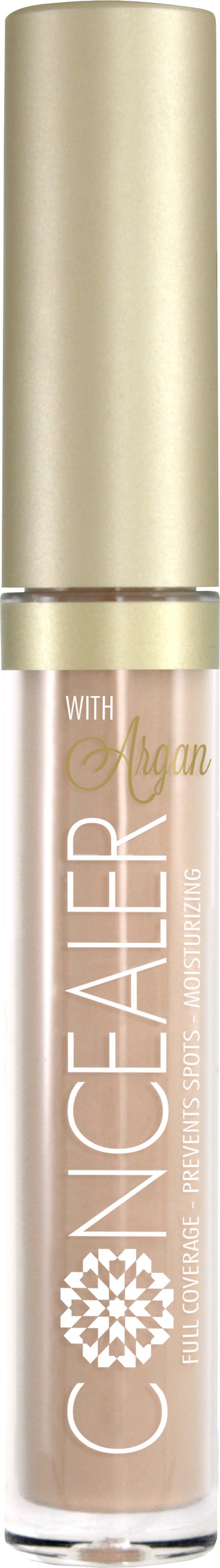 Ett beige och guld concealer-rör med vit text och en blommande logo.