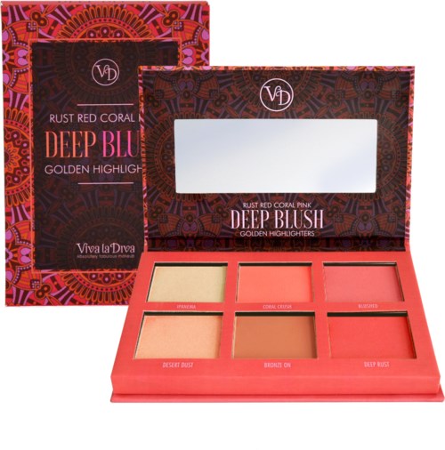 Two makeup palettes with six blush/highlight shades each, decorated with red and pink patterns and a mirror.