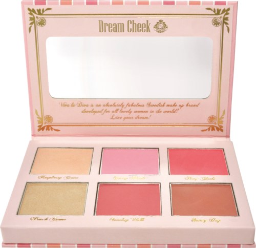 A pink makeup palette titled 'Dream Check' with six blush shades, names, and a mirror inside the lid.