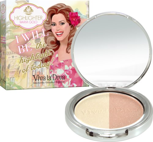 A makeup compact with bright packaging, showing a smiling woman, and the product inside divided into two shades.