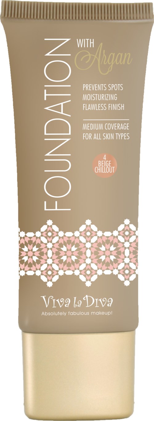 Ett beige rack för foundation med rosa och vita dekorationer, text om ingredienser och fördelar, och varumärket Vivo La Diva.