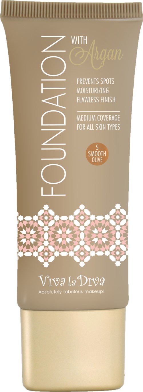 En beige tub med foundation med rosa och vit design, kallad Viva la Diva, med arganolja för alla hudtyper.