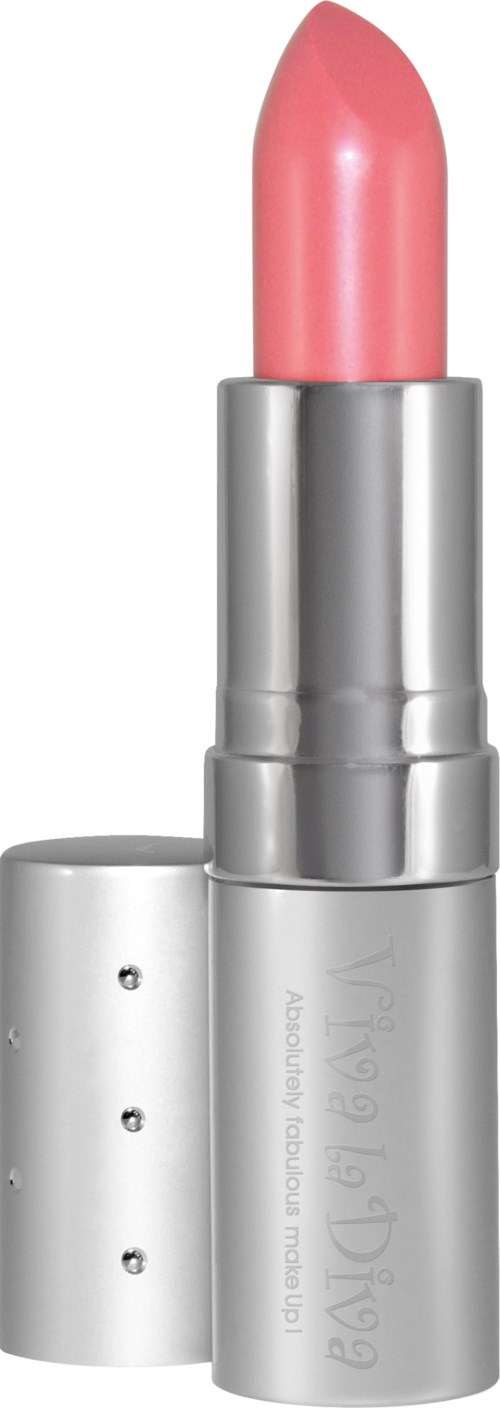 A pink lipstick in a silver tube with some design details, partially opened, standing upright.