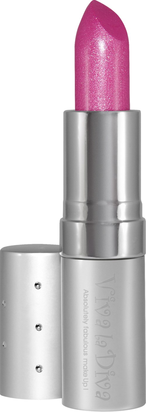 Dette er en rosa leppestift eller lip gloss i en sølvbeholder.