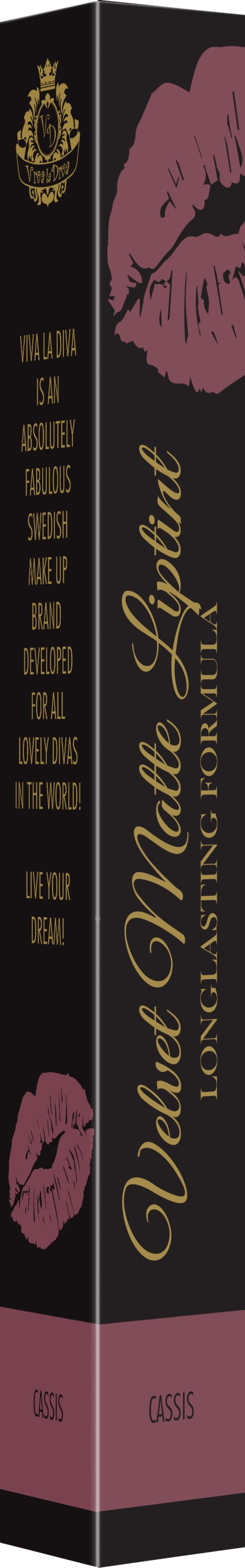A black box with pink lips and gold text, labeled as lipstick, with some decorative elements and a crown symbol.