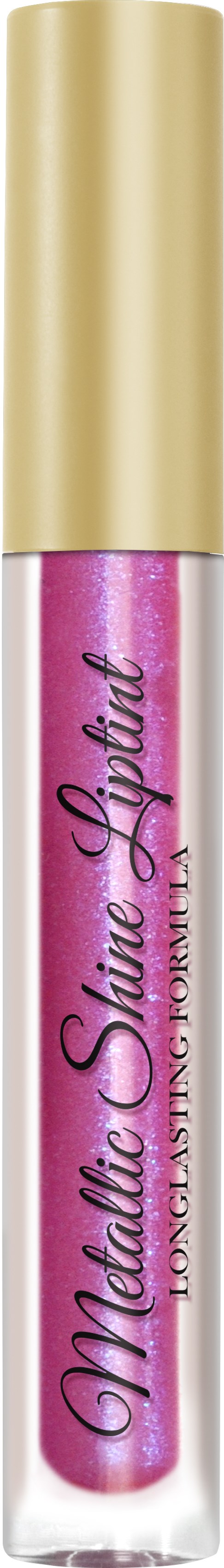 A pink lip gloss tube with a gold cap, labeled "Meltic Shine Lip Gloss".