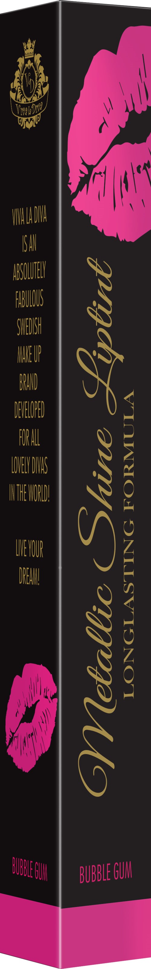 A black box with pink lips, gold text, and details, labeled as a lipstick product.
