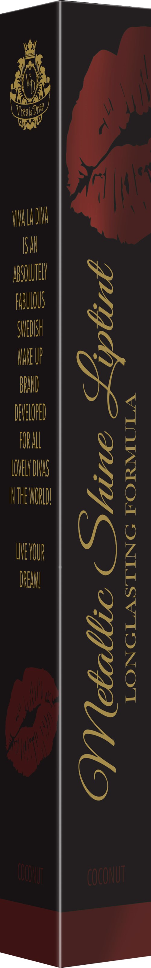 A black box with gold and red lips, and text about Long Lasting Curling Mascara.