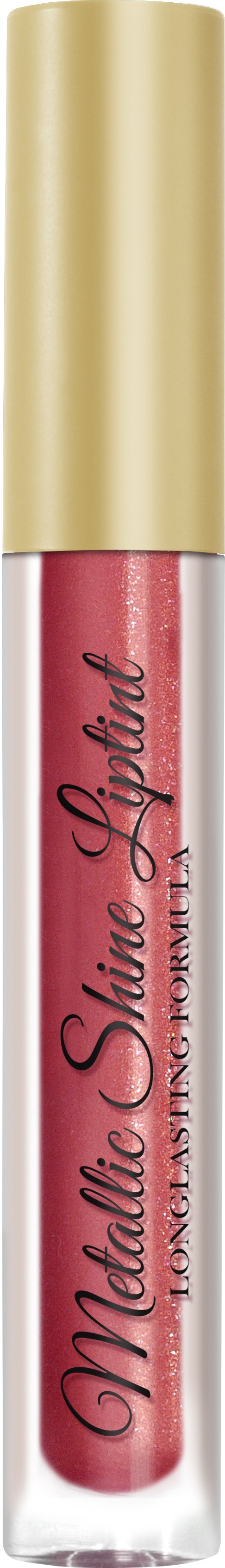 A lip gloss tube with a gold cap and pink liquid inside. The label says "Matte Shine Lush."