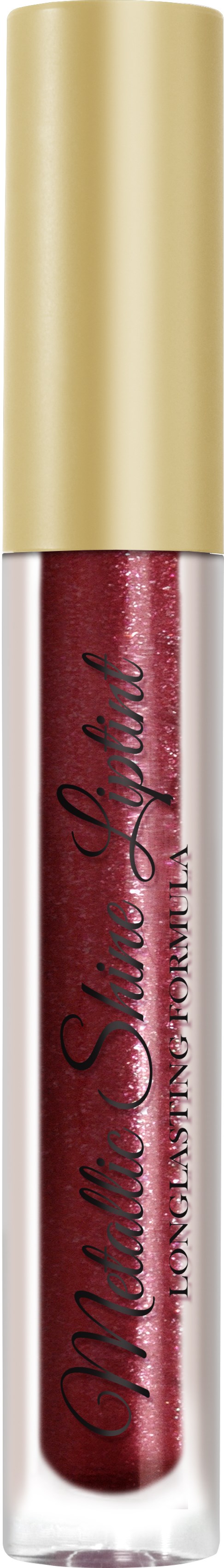 A lip gloss tube with a gold cap and red shiny gloss inside.