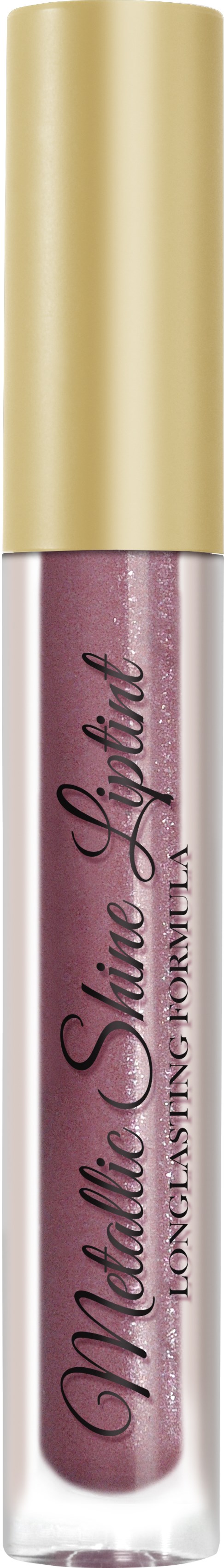 A lip gloss with a gold cap and pink liquid inside, labeled "Matte Shine Gloss".
