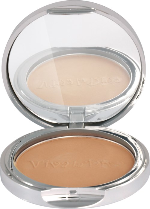 A compact powder with a mirror, showing a beige color inside.