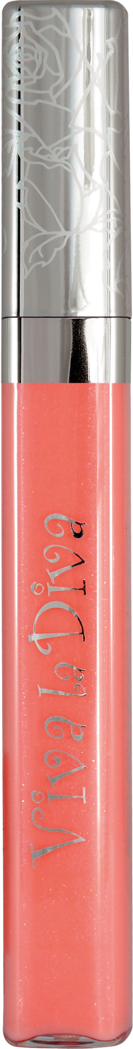 Ett rosa läppglans eller flytande läppstift med ett silverlock, dekorerat med blommönster.