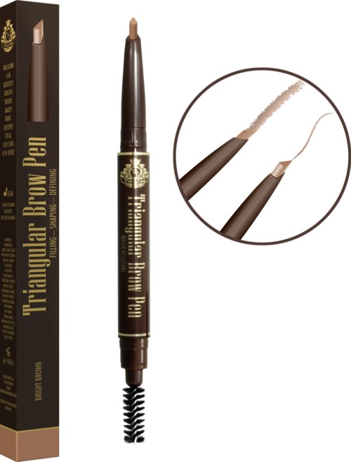 A dual-ended eyebrow pen with a sponge tip and a fine pen tip, shown next to its packaging.