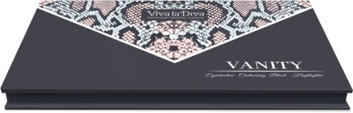 Beauty product packaging with intricate pattern and the word 'VANITY' on the side.