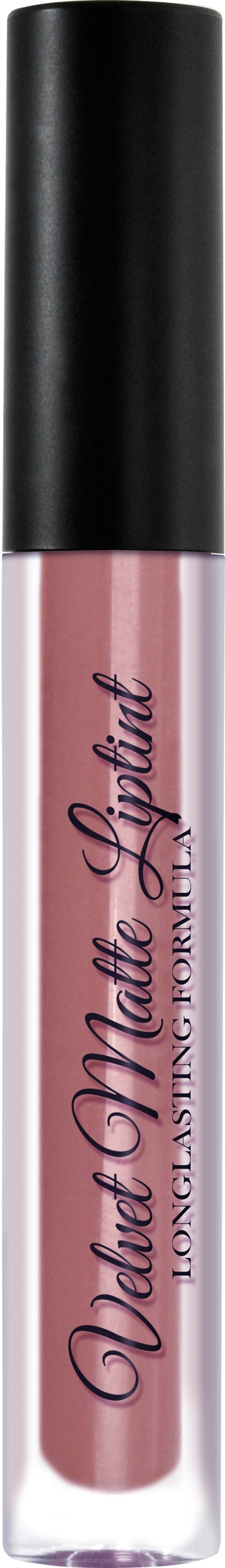 A tube of lip gloss or liquid lipstick with a black cap and pinkish color in the tube.