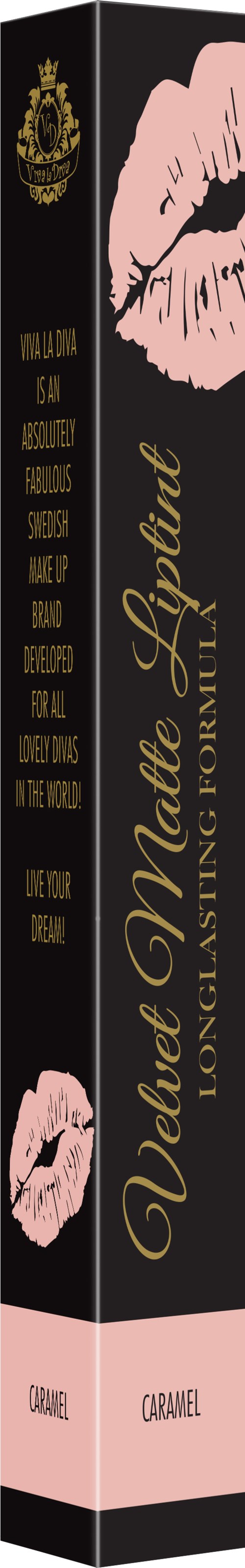 A black box with pink lips, gold writing, and branding for a lipstick called 'Valentine Matte.'