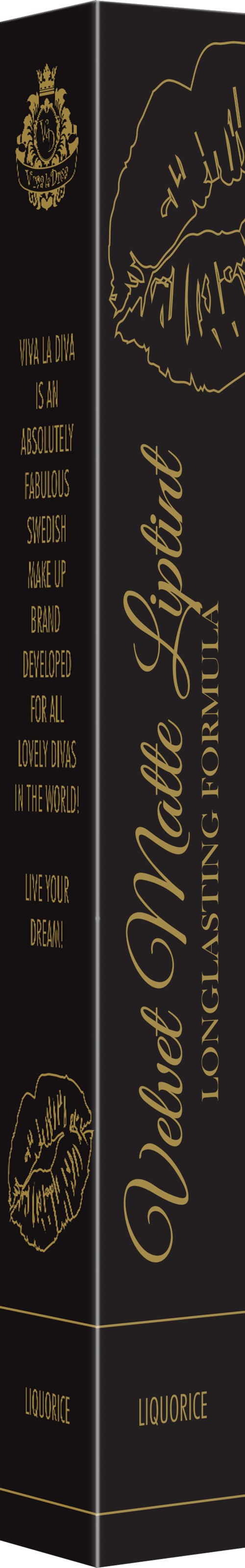 The lipstick box is black with gold text and lips design, labeled "Velvet Matte Lipstick".