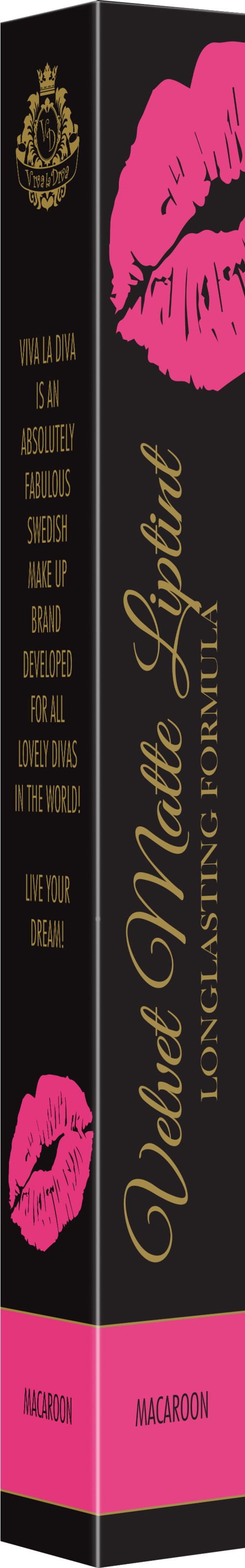 A lipstick box with black and pink design, featuring lips and gold text for Valentine-themed lipstick.