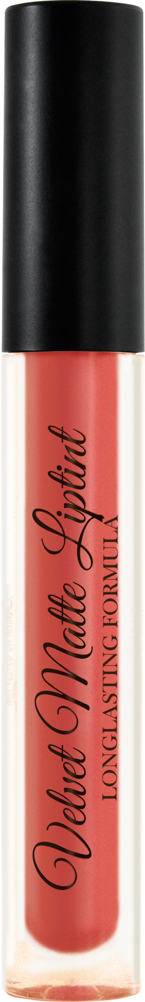 A lip gloss tube with a black cap and pink text on the clear container, held vertically.