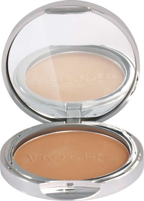 En kompaktpuderask med beige pressad puder och en spegel inuti locket.