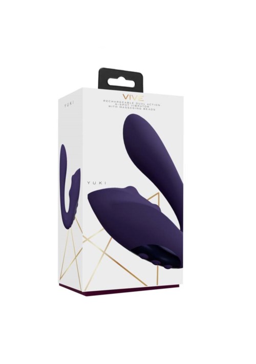 A box contains a purple device with two attachments, labeled 'VIVE' and 'YURI'. It looks like a tech gadget for personal use.