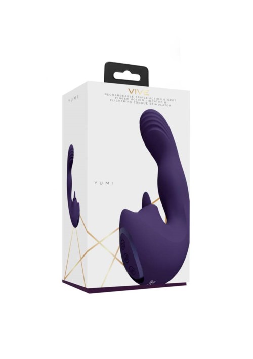 A purple curved device in packaging, labeled VUMI, designed for intimate use.