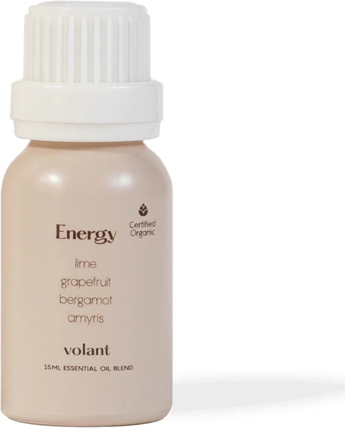 A small bottle labeled 'Energy' contains organic essential oils of lime, grapefruit, bergamot, and amyris.