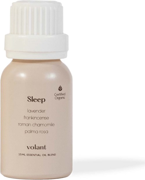 A small, beige bottle labeled "Sleep" with scents like lavender and chamomile, used for relaxation or sleep aid.