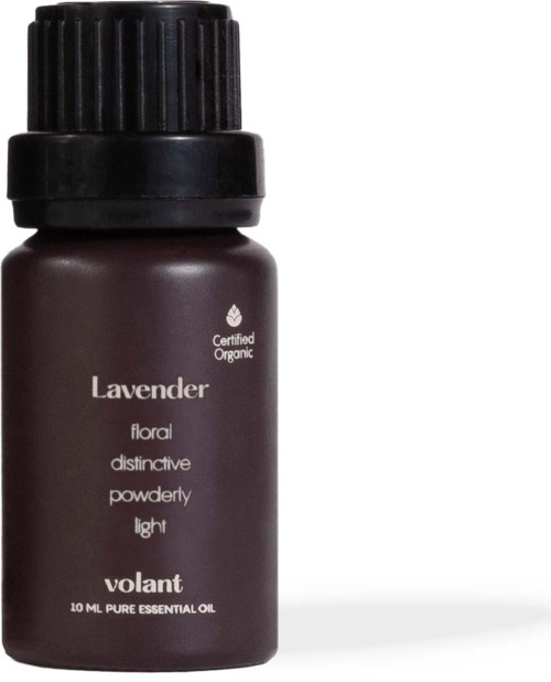 Kleine dunkelbraune Flasche mit Lavendel-ätherischem Öl, schwarzer Deckel, für Gesundheit oder Aromatherapie.