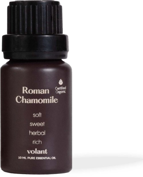 En brun essensiell oljebutikk merket Roman Chamomile, sertifisert økologisk, myk, søt, urtet, rik, inneholder 10 ml.