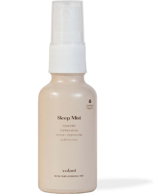 En liten vit sprayflaska med Sleep Mist med lavendellukt, innehållande 30 ml vätska.