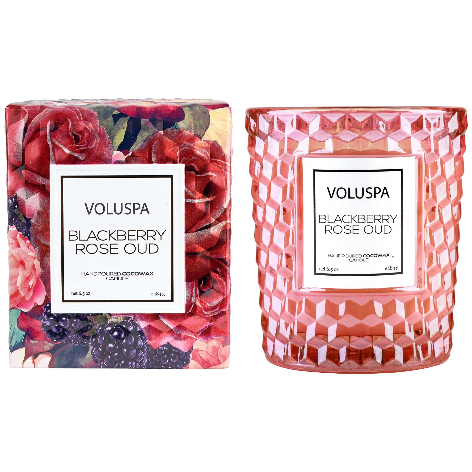 Voluspa Blackberry Rose Oud Roses Boxed Candle Textured Glass