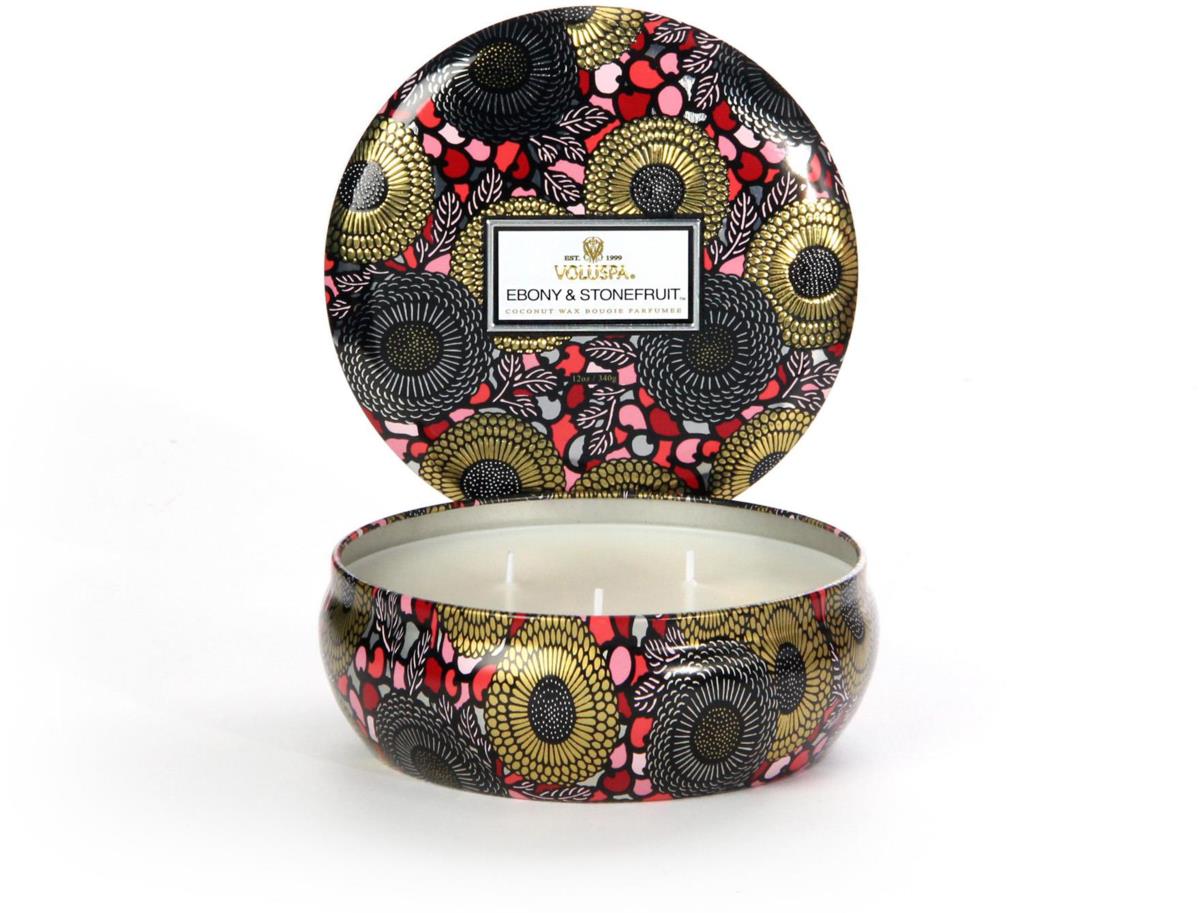 Voluspa Japonica 3 wick Candle in Decorative Tin Ebony & Stonefruit 60h ...