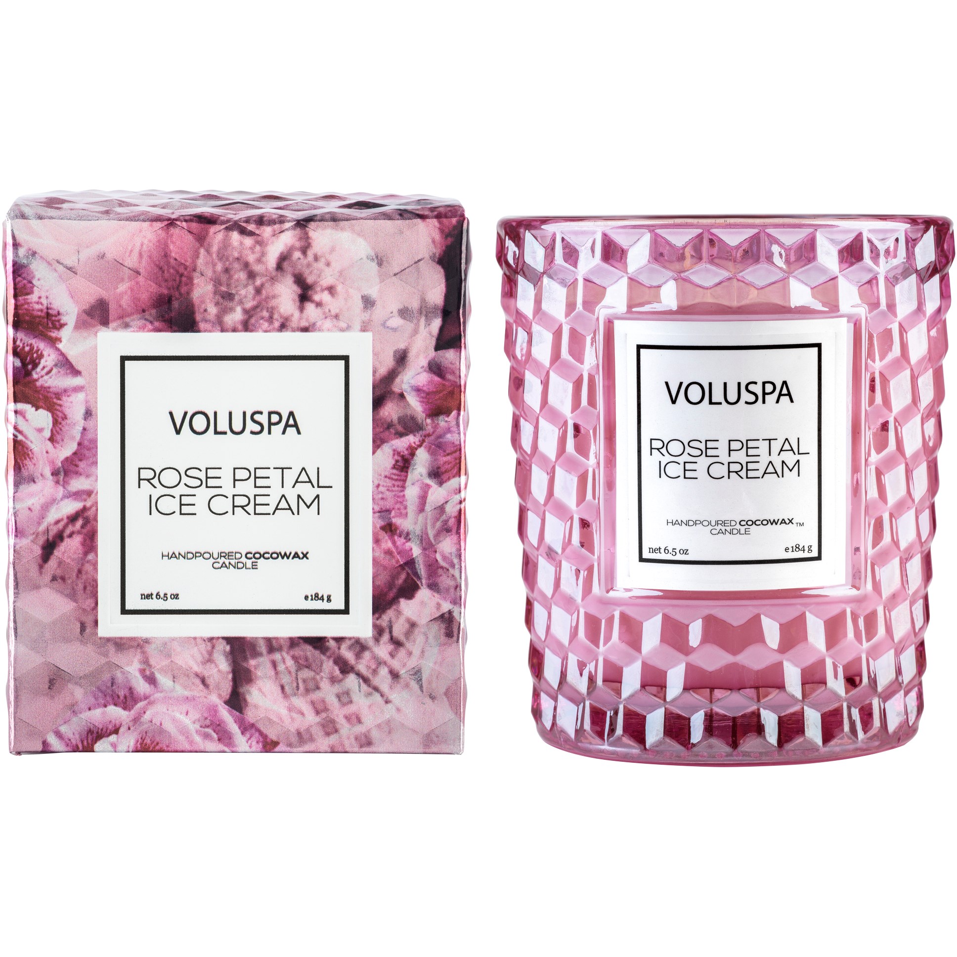 Voluspa Rose Petal Ice Cream Boxed Candle Textured Glass 184 g