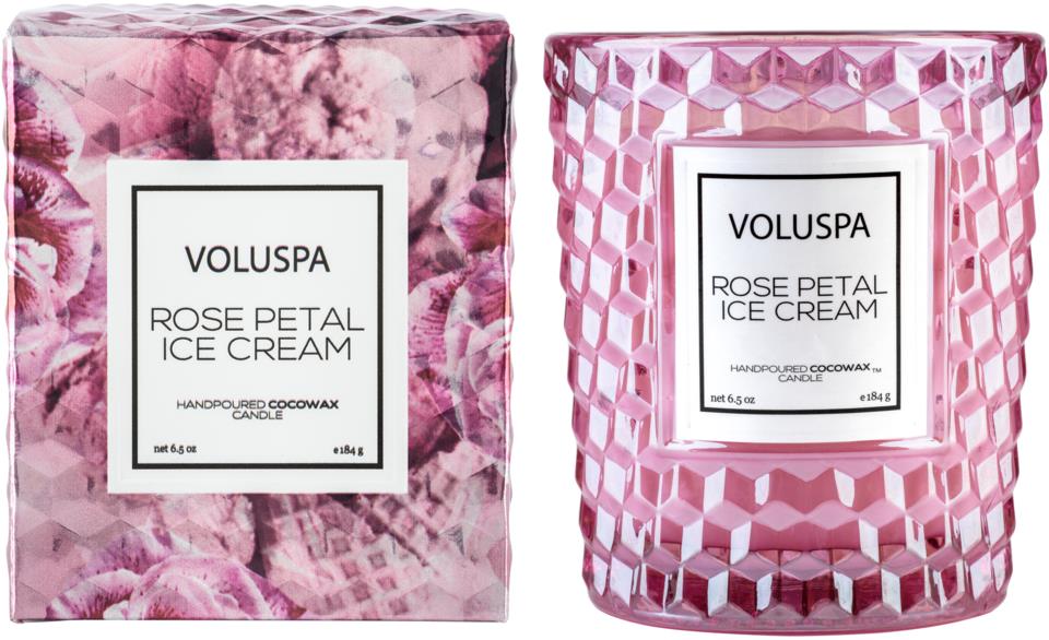 Voluspa Roses Rose Petal Ice Cream Boxed Textured Glass Candle 
