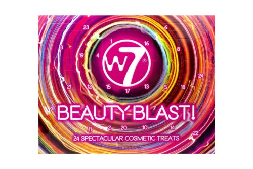 Färgglad virvlande design med en cirkulär logga i mitten, omgiven av nummer och texten "BEAUTY BLAST!" och "24 SPECTACULAR COSMETIC TREATS."