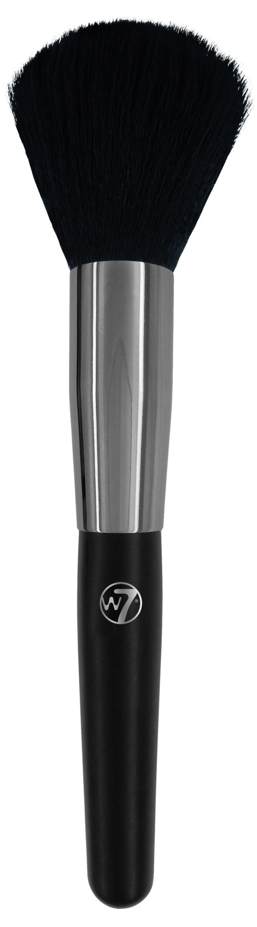 A large makeup brush with black bristles and a silver and black handle.