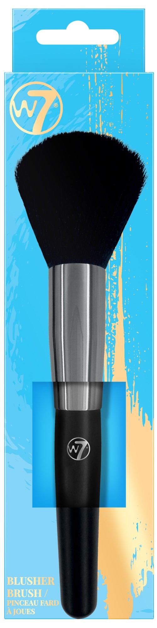 A makeup brush with a black handle and fluffy black bristles in blue and yellow packaging.