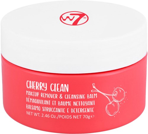 Rood potje met witte deksel, kersenillustratie en tekst over makeup verwijderaar en reinigingsbalsem.